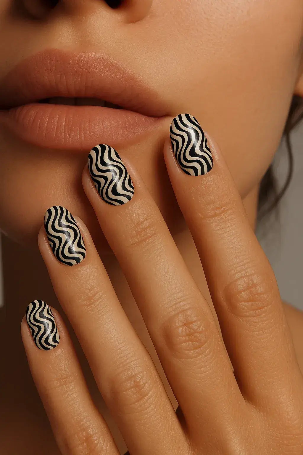 Close-up of a hand with black and white wavy nail art against a neutral background