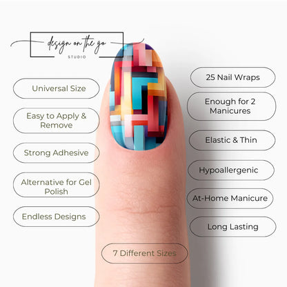 #type_manicure list of features of a nail wrap product showing on manicured single finger with nail wraps applied