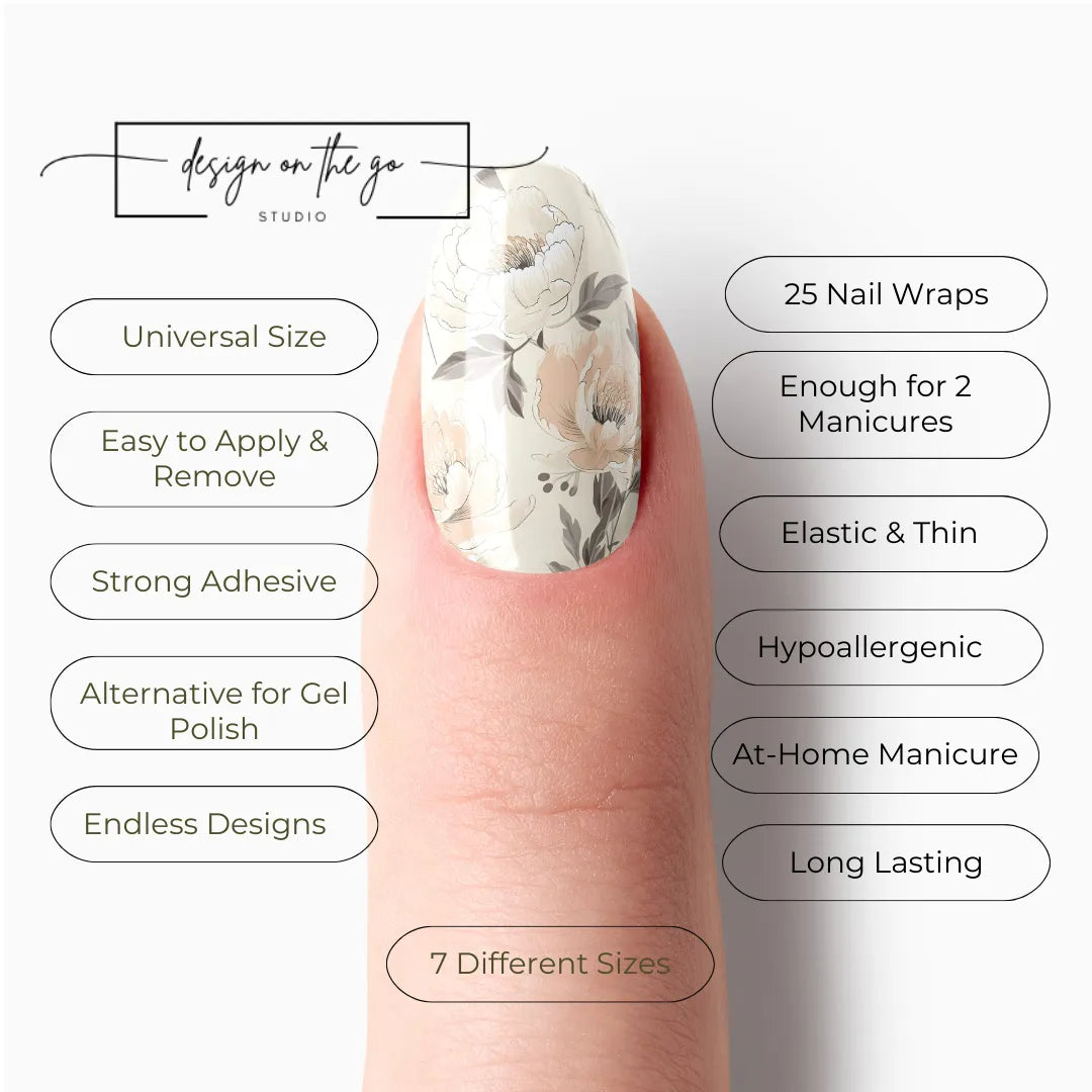 #type_manicure list of features of a nail wrap product showing on manicured single finger with nail wraps applied