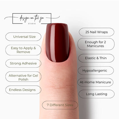 #type_manicure list of features of a nail wrap product showing on manicured single finger with nail wraps applied