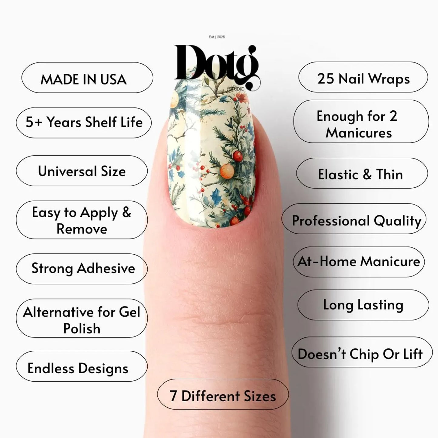 Nail wrap with Dotg branding and product features listed on a white background