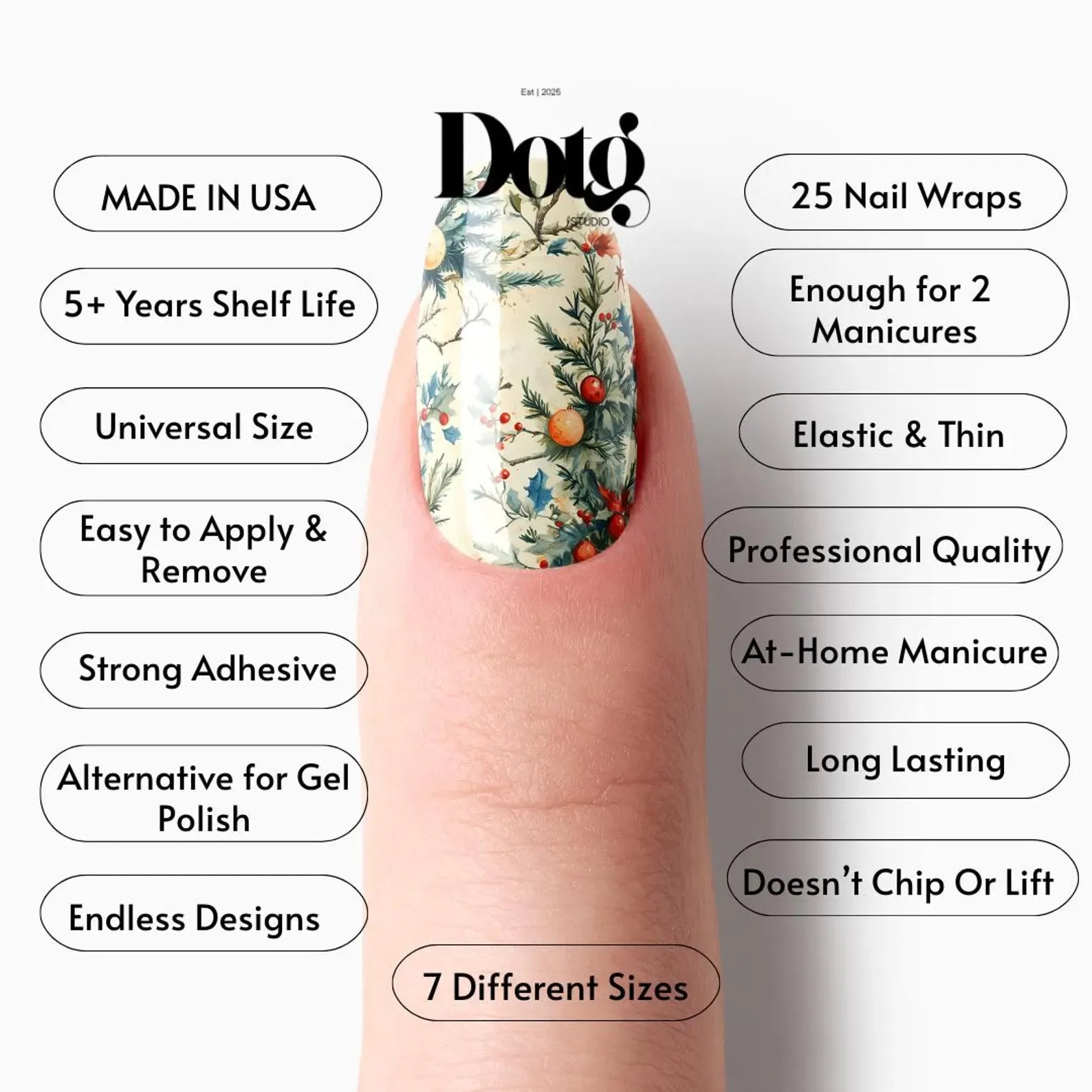 Nail wrap with Dotg branding and product features listed on a white background