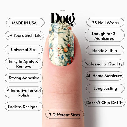 Nail wrap with Dotg branding and product features listed on a white background