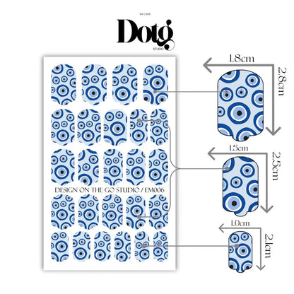 Nail art sticker sheet with blue and white pattern and dimensions on a white background