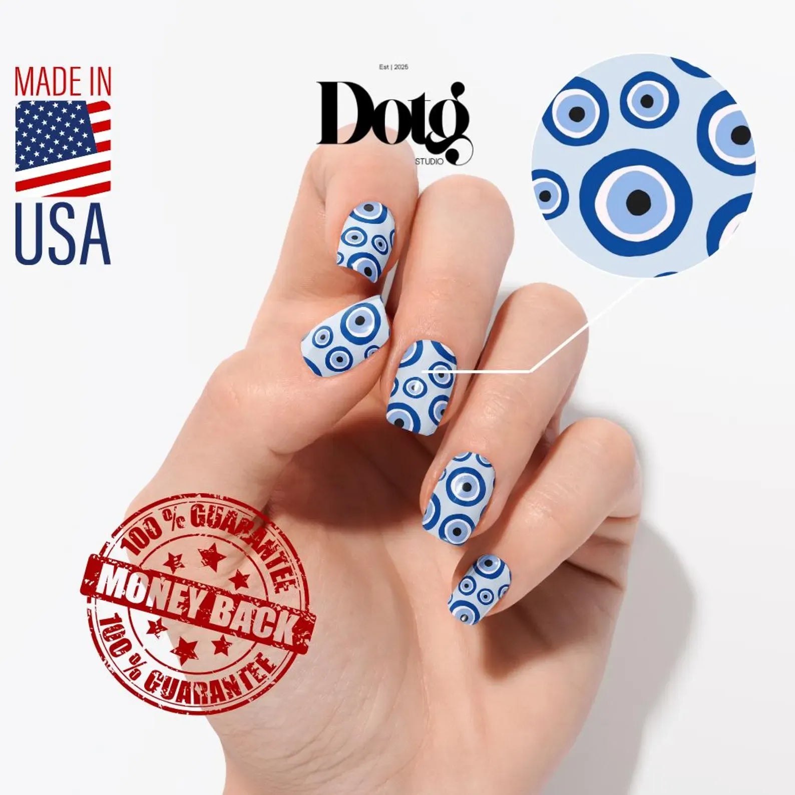 Hand with blue and white patterned nail wrap design,  Made in USA label, and money-back guarantee stamp on a white background.