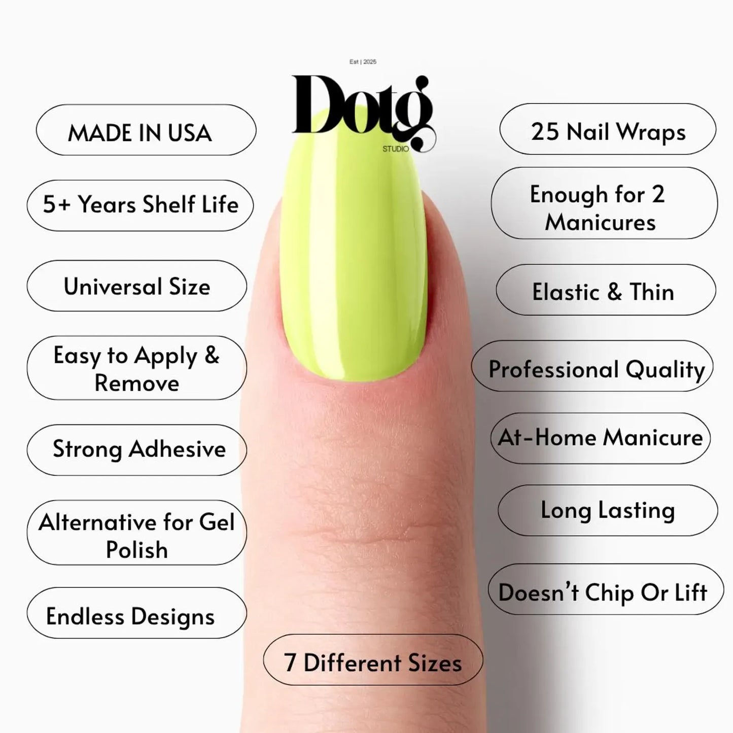 Nail wrap product with green nail polish on a finger, featuring Dotg Studio branding and product features.