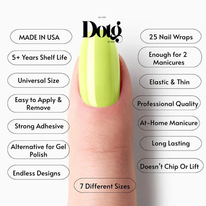 Nail wrap product with green nail polish on a finger, featuring Dotg Studio branding and product features.