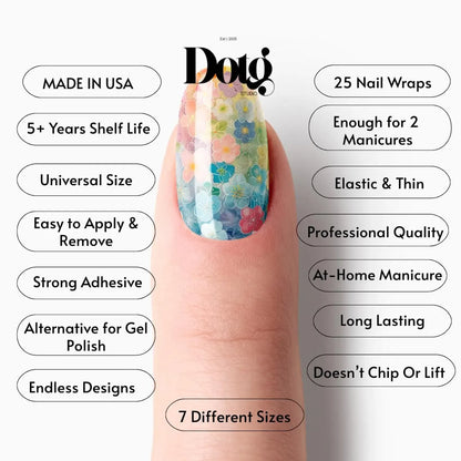 Nail wrap with Dotg brand on a white background with product features listed.