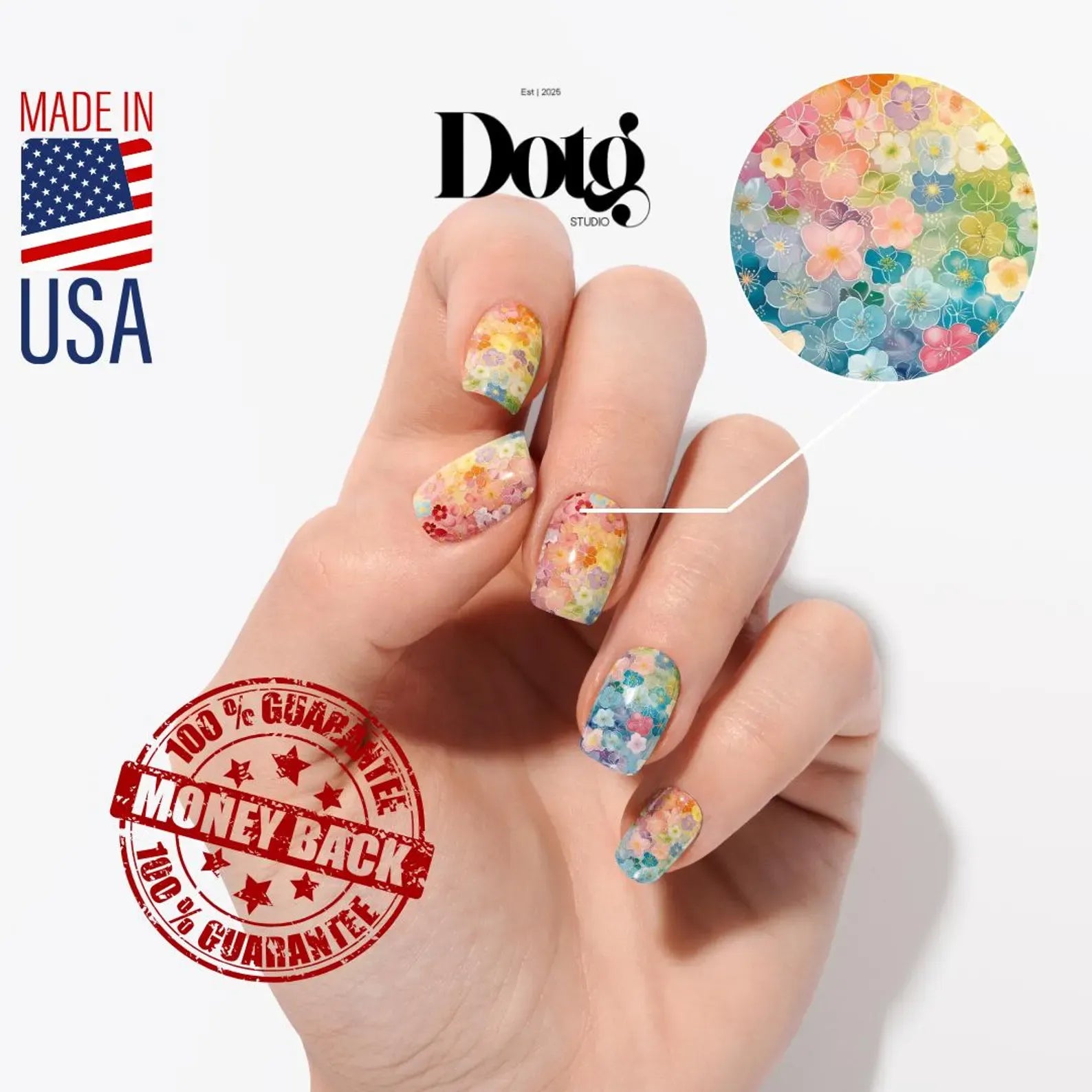 Hand with colorful floral nail wraps nail art and money-back guarantee stamp on a white background. Made in USA