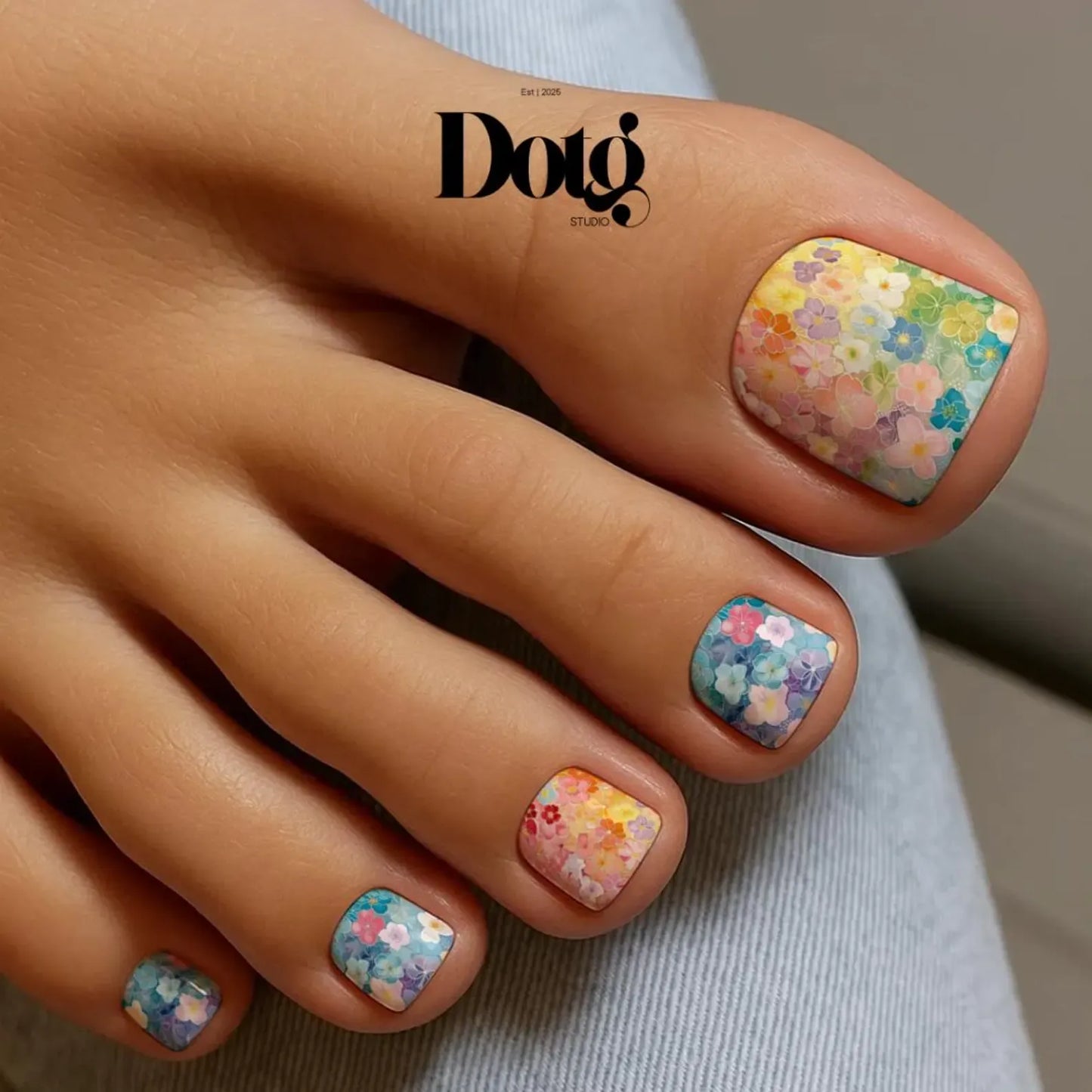 Colourful floral nail art on toes with 