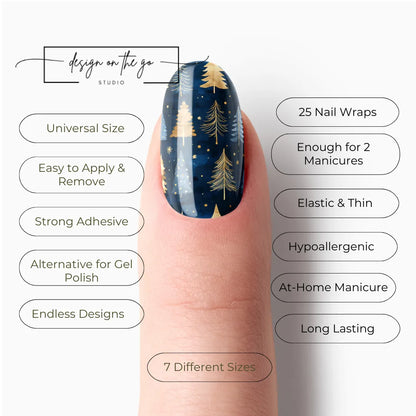 #type_manicure list of features of a nail wrap product showing on manicured single finger with nail wraps applied