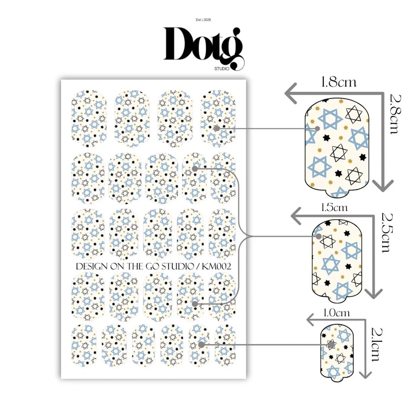 Nail art sticker sheet with star designs and measurement details on a white background