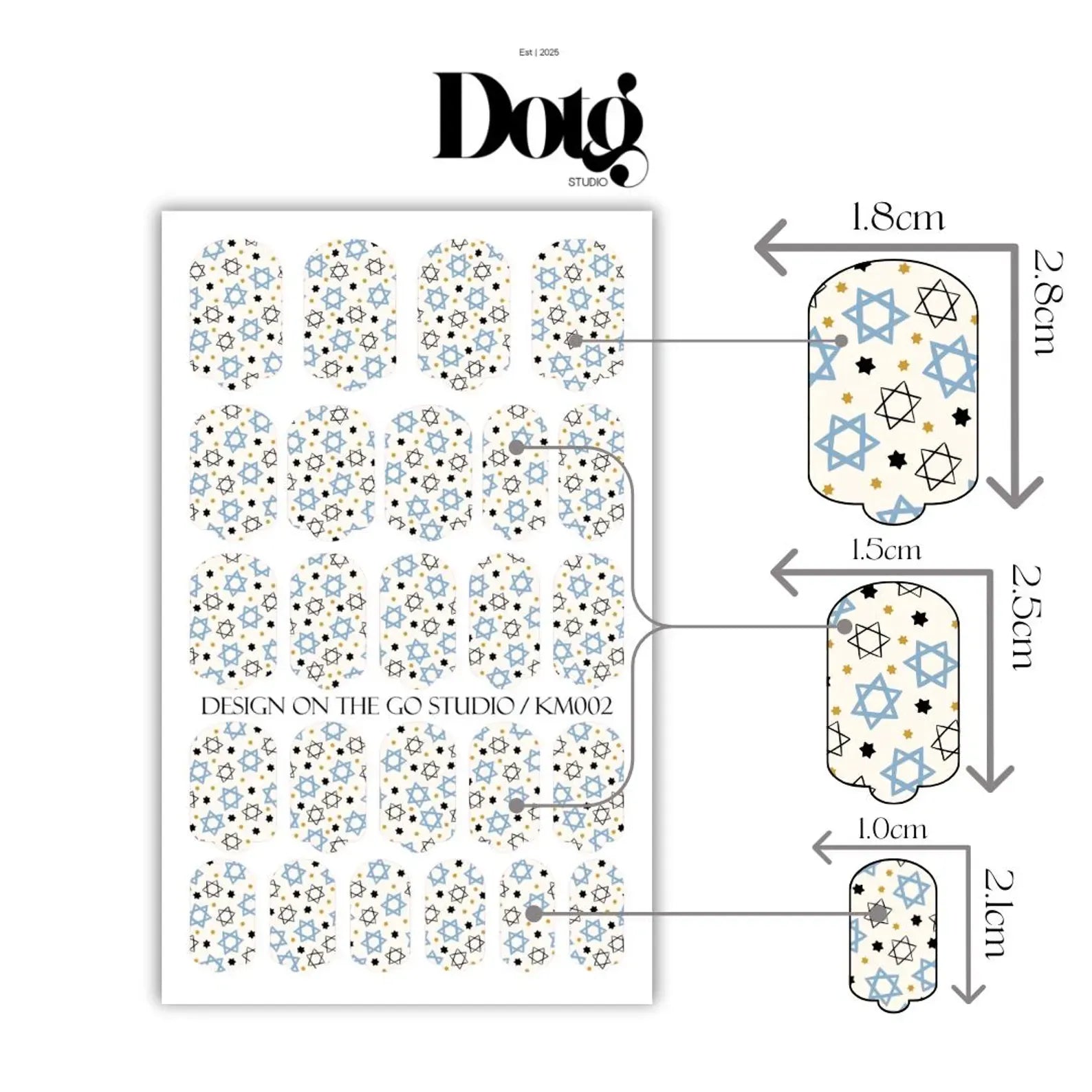 Nail art sticker sheet with star designs and measurement details on a white background