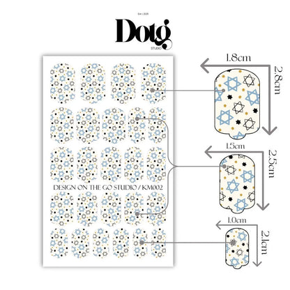 Nail art sticker sheet with star designs and measurement details on a white background