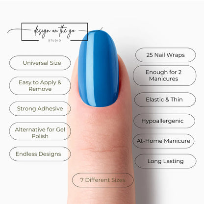 #type_manicure list of features of a nail wrap product showing on manicured single finger with nail wraps applied