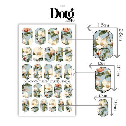 Floral nail art design sheet with measurements and Dotg branding
