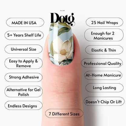 Nail wrap with floral design on a finger, featuring Dotg branding and product details.