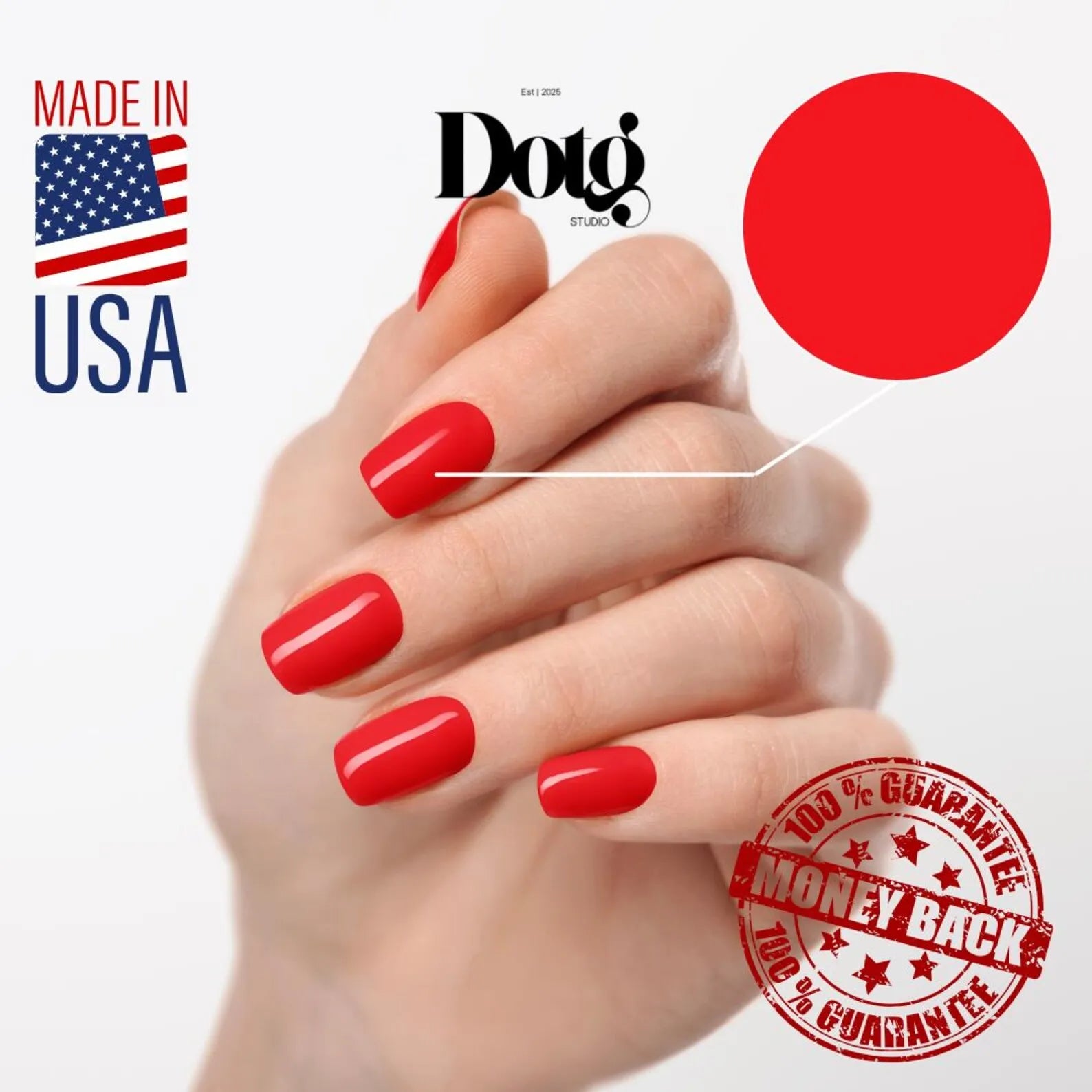 Hand with red nails, Dotg Studio logo, Made in USA label, and money-back guarantee stamp on a white background.