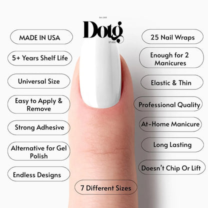 Nail wrap product with features listed on a white background