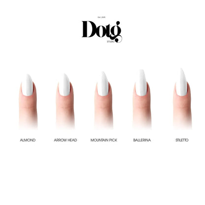 Five fingers with different nail shapes on a white background, featuring the Dotg Studio logo.