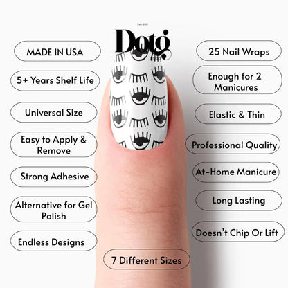 Nail wrap with Dotg branding and product features on a white background