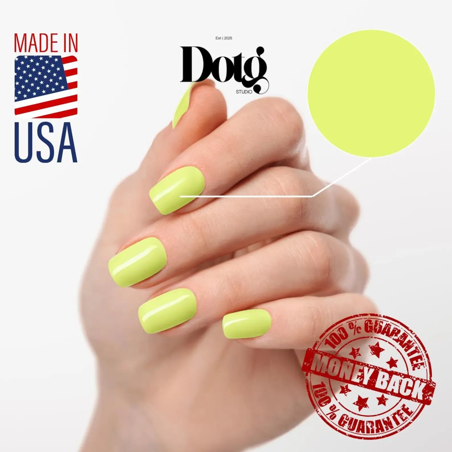 Hand with bright green nails, Dotg Studio logo, 'Made in USA' label, and money-back guarantee stamp on a white background.