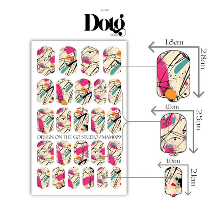 Nail art stickers with colorful abstract designs and dimensions on a white background