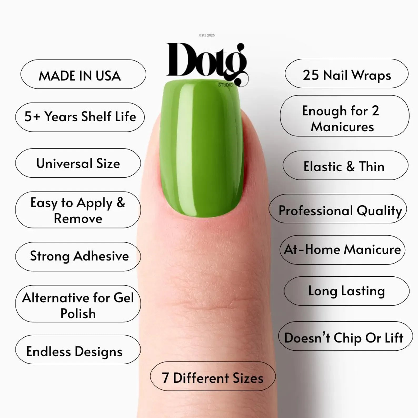 Olive Green nail wrap on a finger with Dotg Studio branding and product features listed.