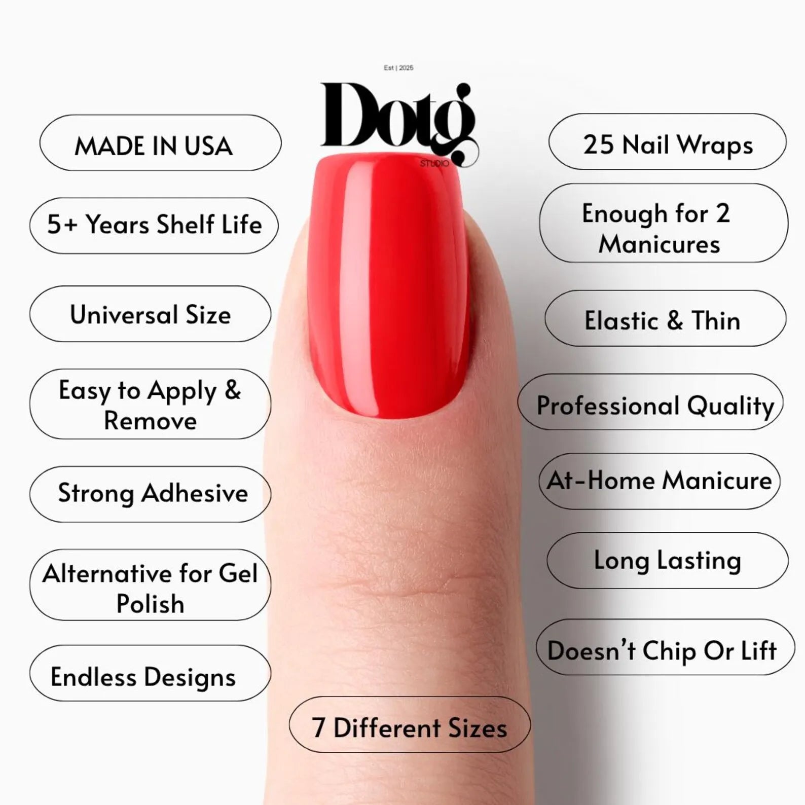 Red nail wrap on a finger with Dotg branding and product features listed.