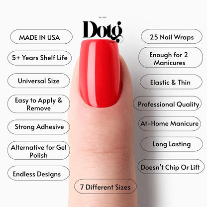 Red nail wrap on a finger with Dotg branding and product features listed.