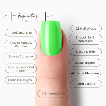 #type_manicure list of features of a nail wrap product showing on manicured single finger with nail wraps applied