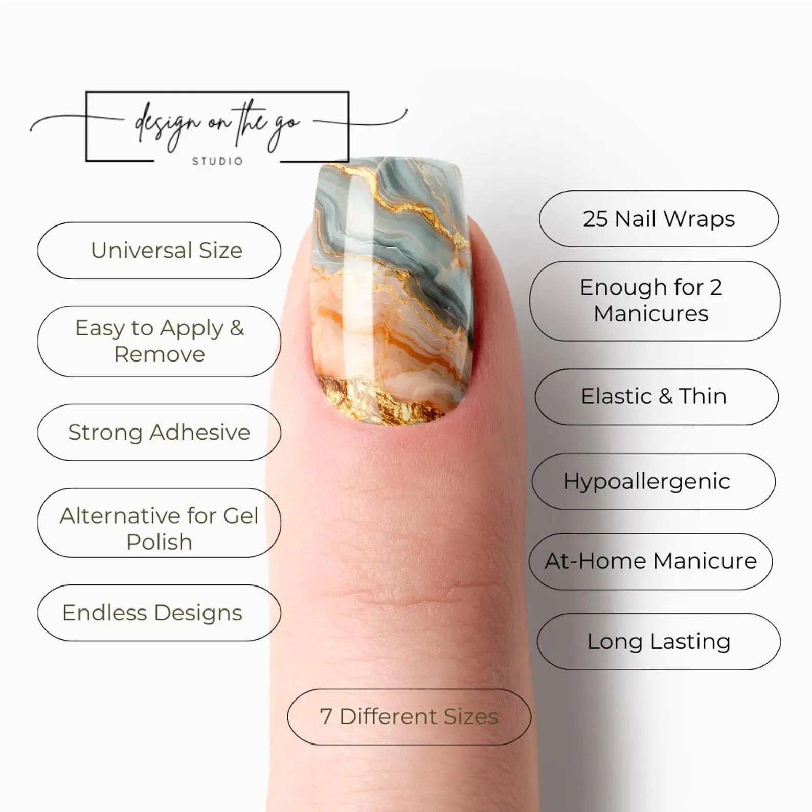 Nail wrap on a finger with product features listed