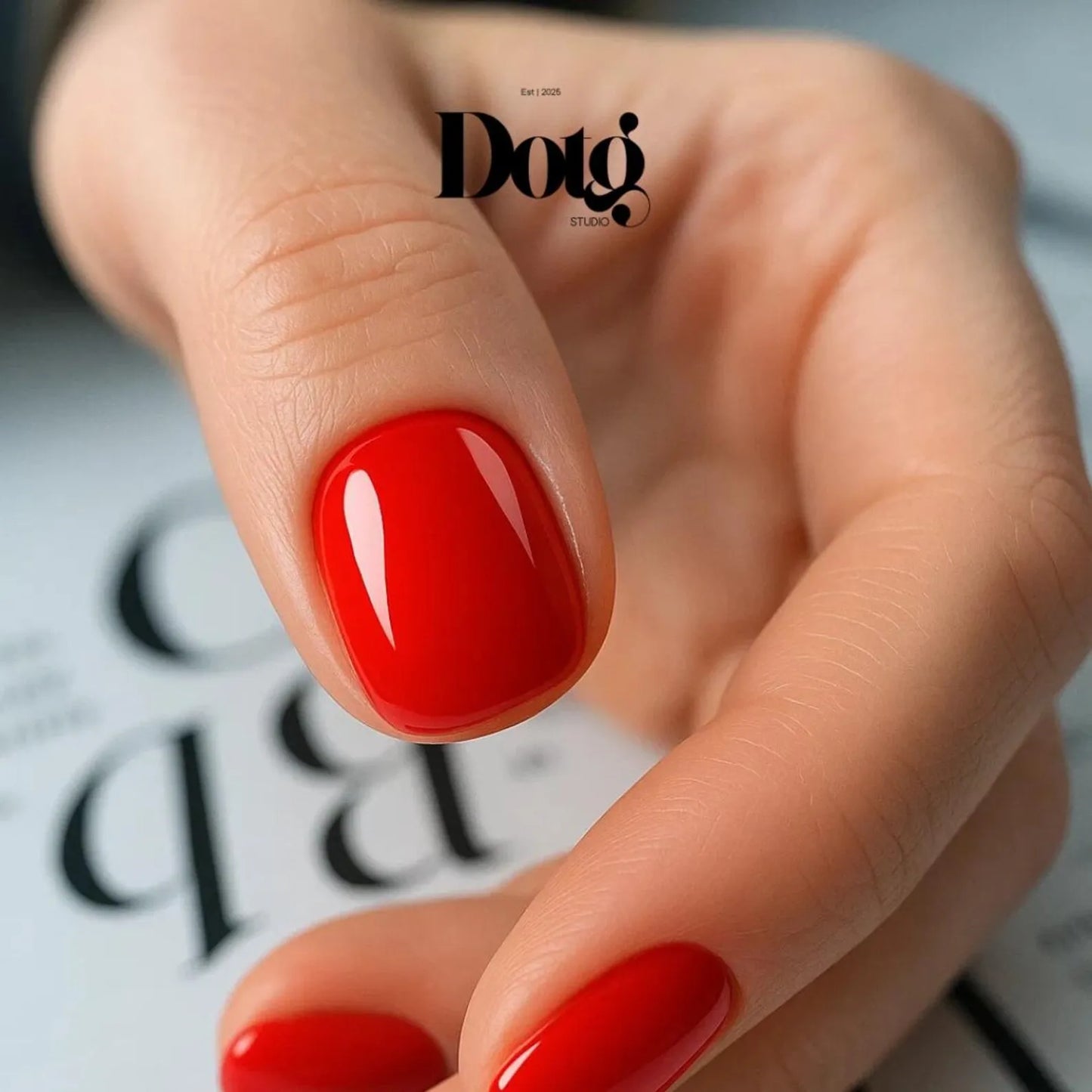 Close-up of a hand with red nail polish on a magazine background, featuring the Dotg Studio brand.