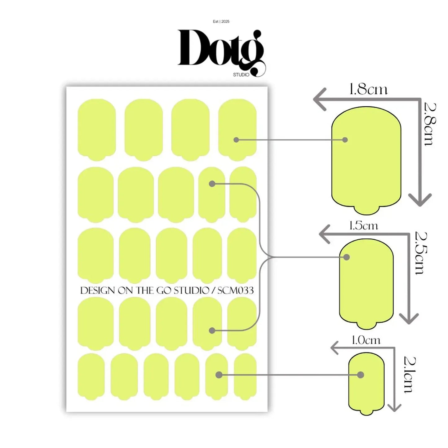 Sheet of lime green nail wraps with dimensions and Dot & Bo branding