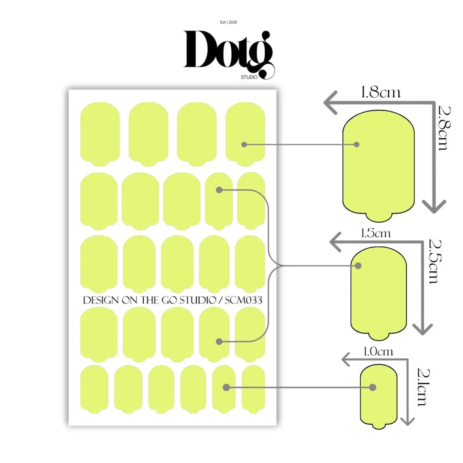 Sheet of lime green nail wraps with dimensions and Dot & Bo branding