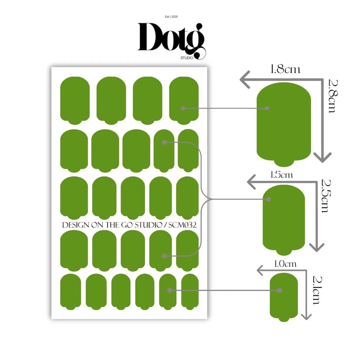 Sheet of green labels with dimensions and Dotg Studio branding