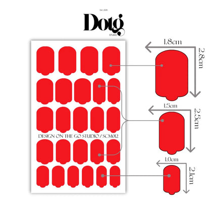 Sheet of red labels with dimensions and Dotg Studio branding