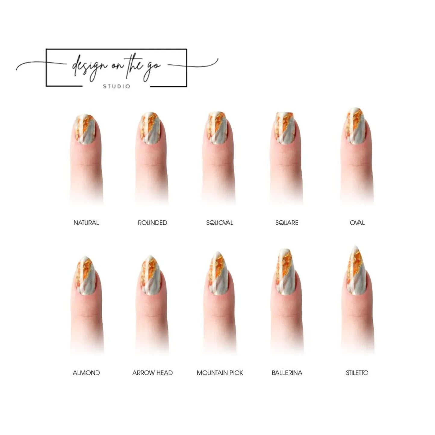 Nail art design options with different shapes on a white background
