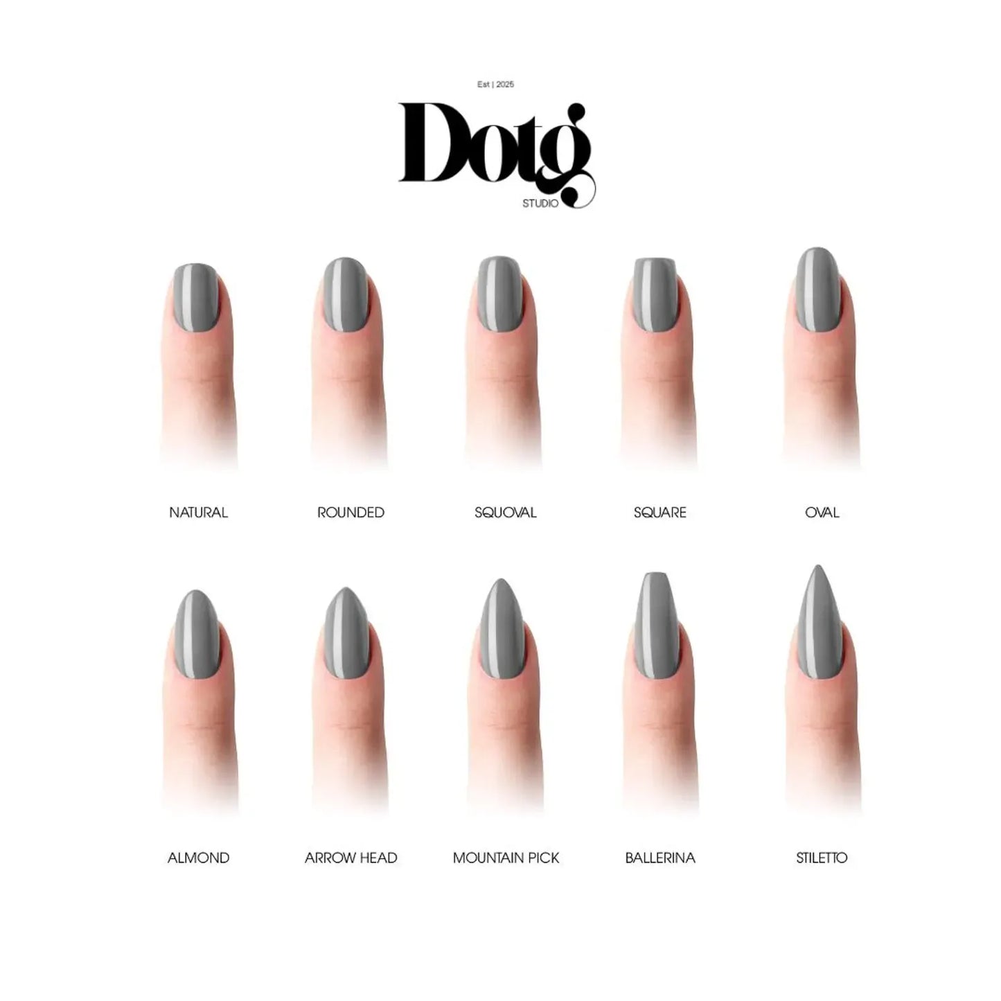 Nail shape comparison chart by Doto Studio with different nail shapes on a white background.