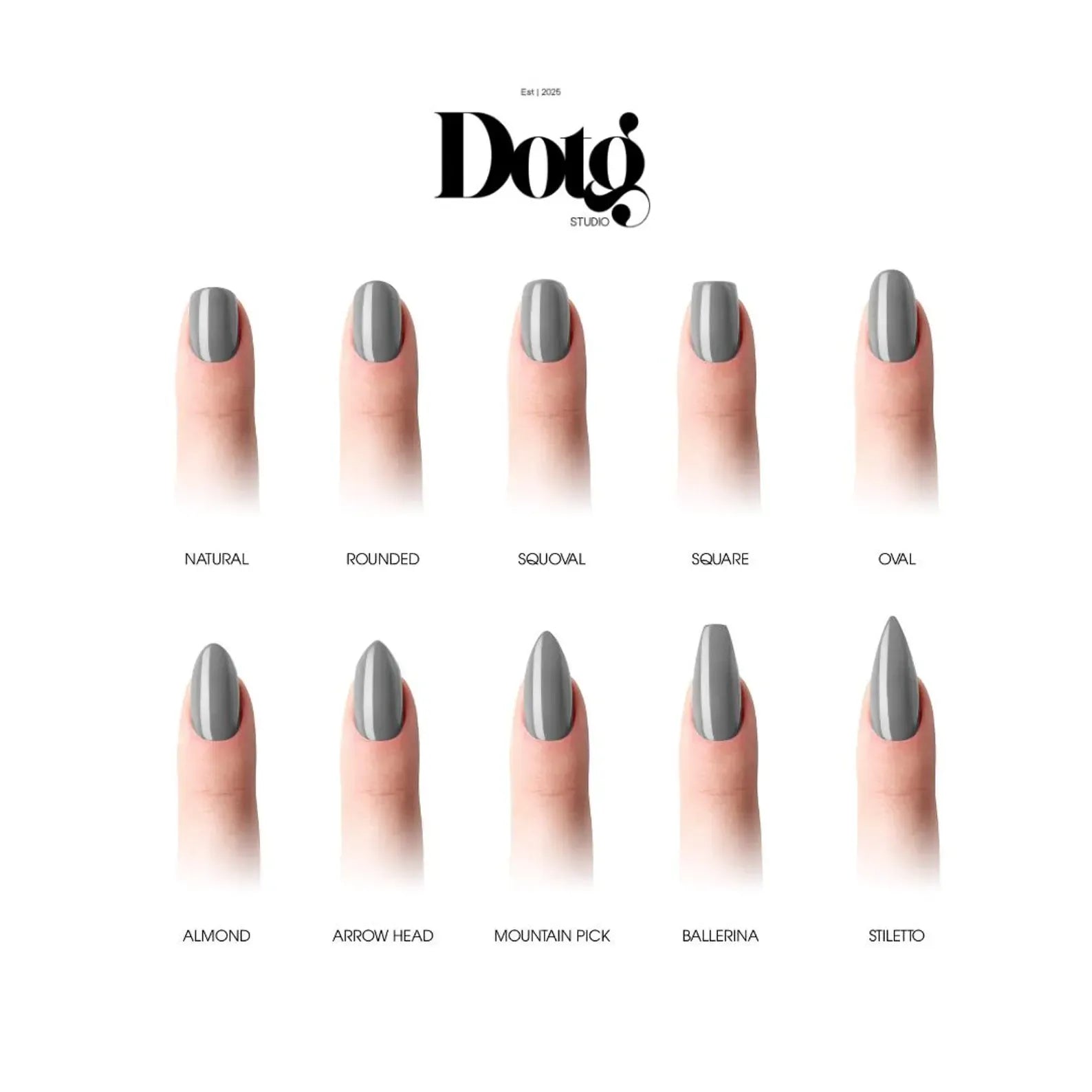 Nail shape comparison chart by Doto Studio with different nail shapes on a white background.