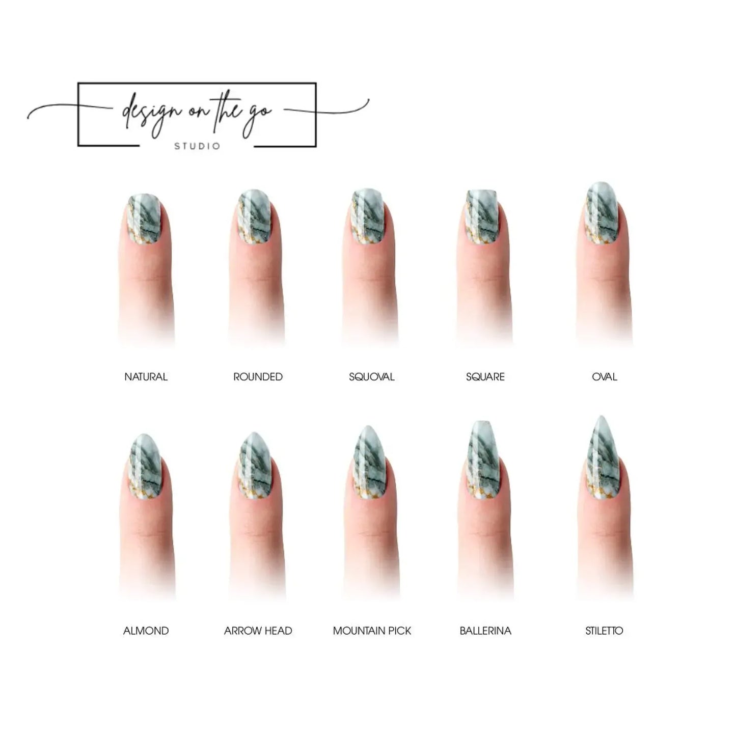 Nail shape comparison chart with 'Design on the Go Studio' branding.