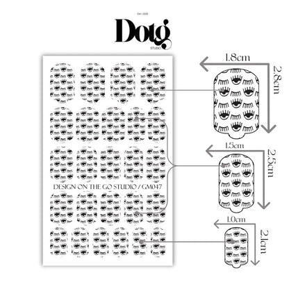Sheet of black & white eye wink nail wraps with dimensions