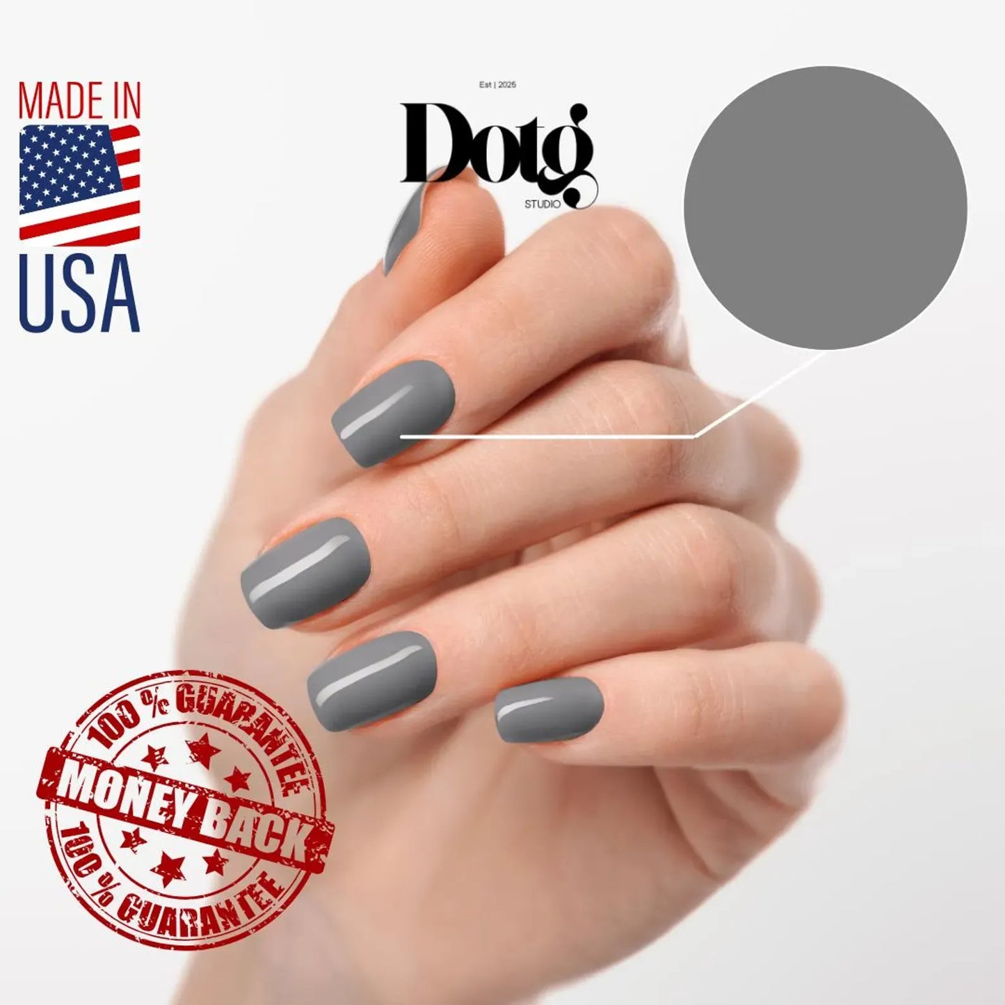 Hand with gray nail polish on a white background, featuring Doto Studio branding and a money-back guarantee stamp.