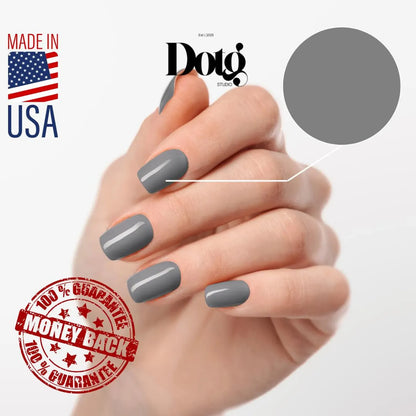 Hand with gray nail polish on a white background, featuring Doto Studio branding and a money-back guarantee stamp.