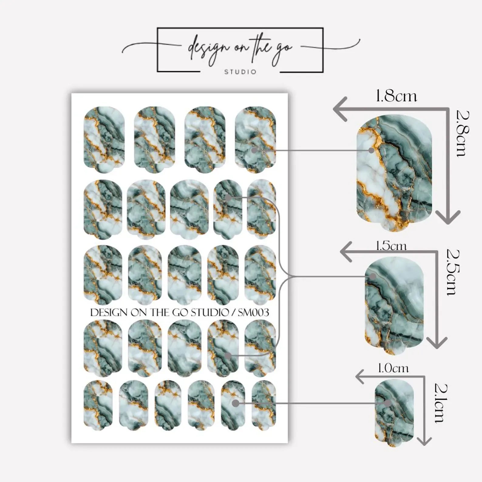 Marble patterned nail art stickers with measurements and 'Design on the Go Studio' branding.