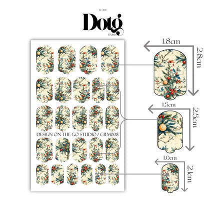 Sheet of floral nail wrap art stickers with dimensions and Dotg branding