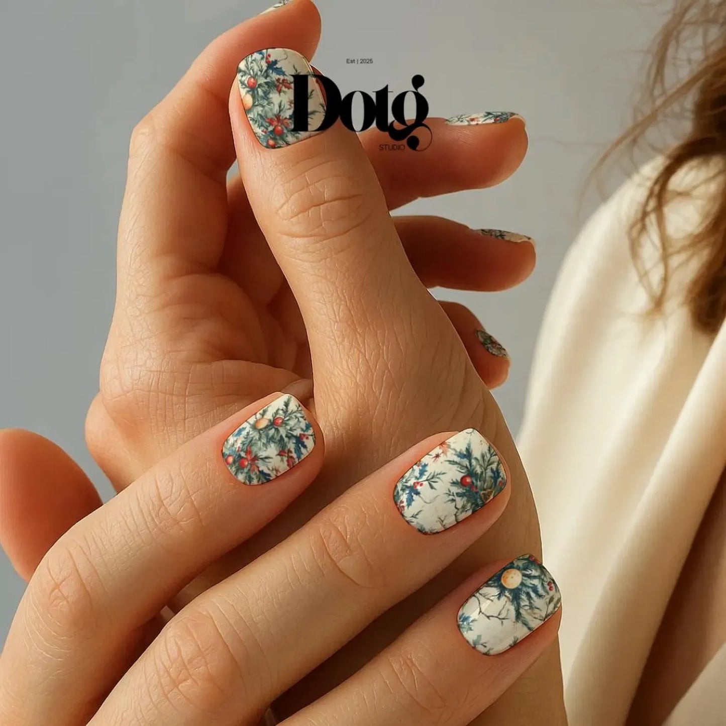 Close-up of a hand with floral nail art on a neutral background