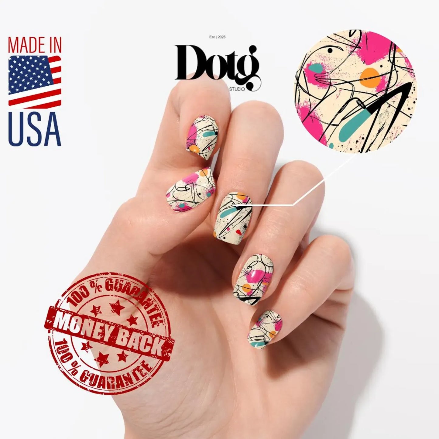 Hand with colorful nail art, Dotg brand logo, Made in USA text, and money-back guarantee stamp on a white background.