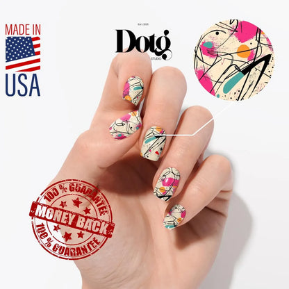 Hand with colorful nail art, Dotg brand logo, Made in USA text, and money-back guarantee stamp on a white background.
