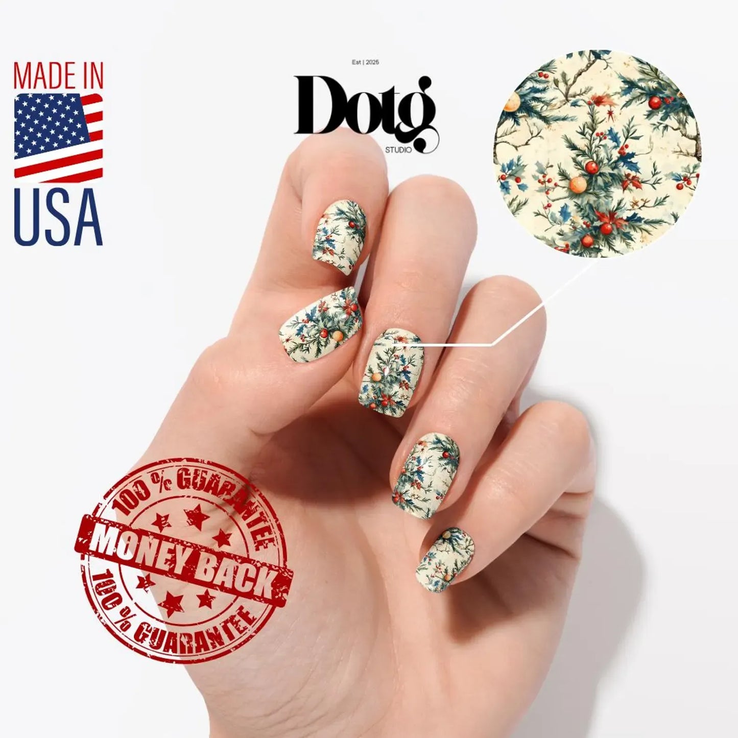 Hand with floral nail art, Dotg Studio branding, and money-back guarantee stamp on a white background.